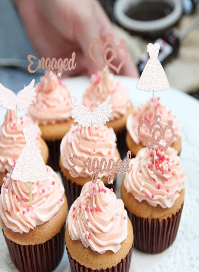 Festiko 20 Pieces Glitter Engaged Cupcake Topper Kit for Party Decorations, Cupcake Toppers with Engaged, Double Heart, Dress, Wings for Wedding Bridal Shower Bachelorette Cake Decoration - Image 2